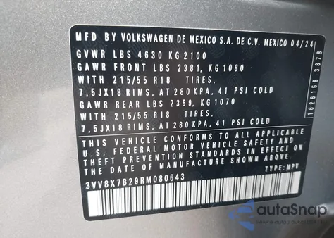 2024 Volkswagen Taos 1.5T S из США, поврежденный, VIN 3VV8X7B29RM080643